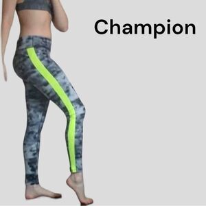 Champion brand gray tie dye look work out leggings with lime green strip…